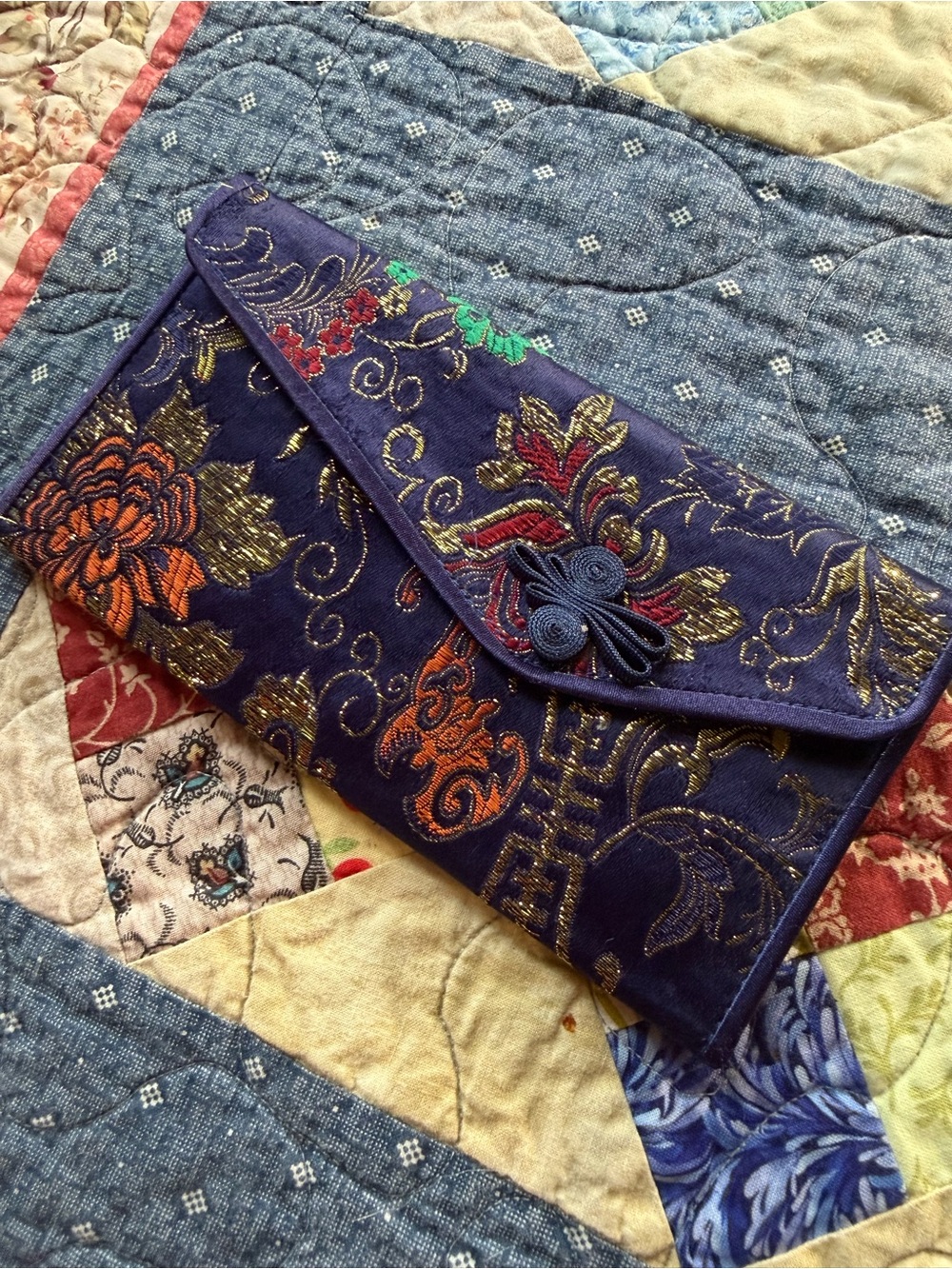 Vintage Brocade Clutch Wallet Travel Organizer Asian Floral Satin